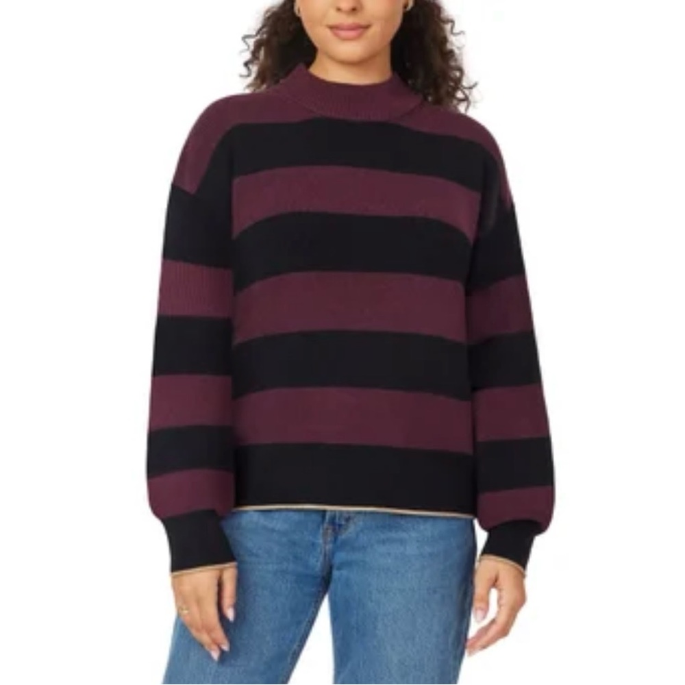 Scotch & Soda Bold Striped Black and Maroon Chunky Knit Crewneck Soft Sweater